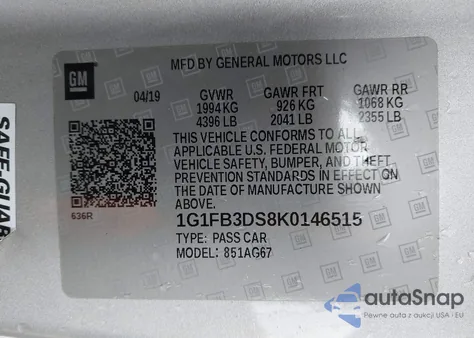 2019 Chevrolet Camaro 1Lt z USA, uszkodzony, nr VIN 1G1FB3DS8K0146515